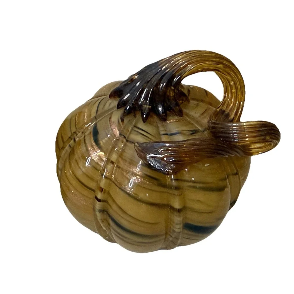 Lot of 2‎ Hand Blown Glass Pumpkins Amber Brown Swirl Fall Harvest Thanksgiving
